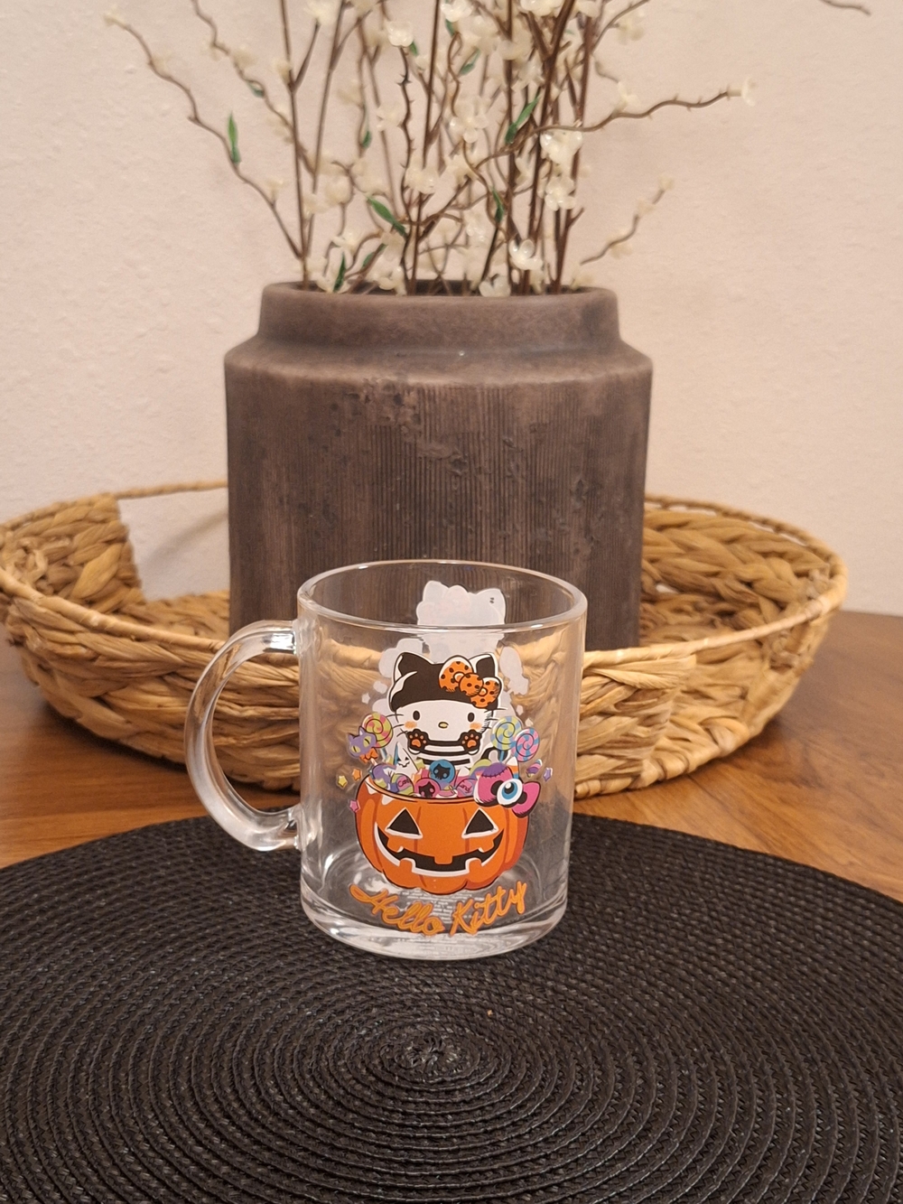 Hello Kitty Halloween Glass Mug - Orange Pumpkin Design